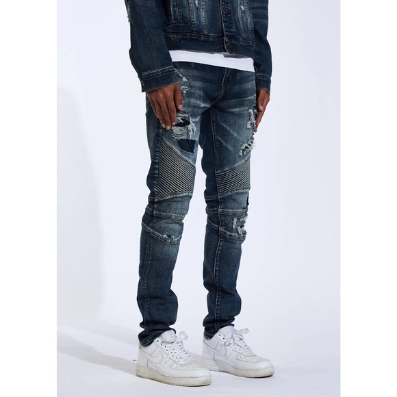 Crysp Denim Men's Skywalker Moto Distressed Rips Skinny Fit Stretch Denim Jeans